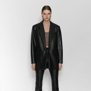 Zara viral black vegan leather long blazer jacket - Large